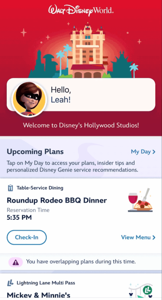 first screen on my disney experience for checking in